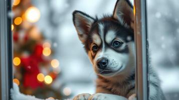 Cute husky puppy gazing out a window during the winter holiday season with a decorated tree nearby photo