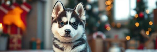 Playful husky puppy sits in a cozy room decorated for the holidays with Christmas trees and gifts photo