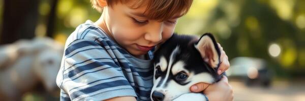Young boy hugs a husky puppy in a park during a sunny afternoon in the fall photo