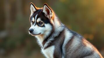 Siberian husky sitting in a sunlit forest during late afternoon, showcasing its beautiful coat and alert expression photo