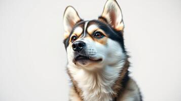 Husky dog poses in a studio, showcasing its striking features and expressive eyes photo