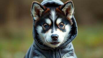 Dog wearing a hoodie in a natural setting during a sunny day, showcasing playful and charming personality photo