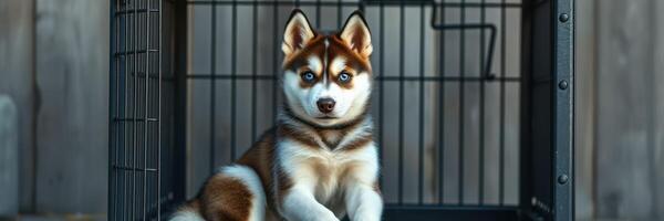 Husky puppy sitting inside a metal crate with a thoughtful expression in a cozy indoor setting photo