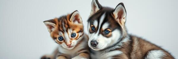 Cute kitten and puppy playfully posing together against a light background capturing a moment of friendship and joy photo