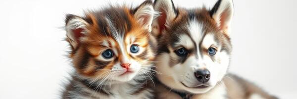 Cute kitten and puppy snuggle together in playful companionship at home photo
