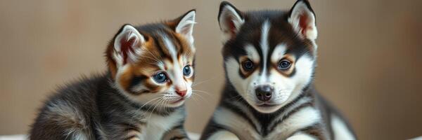 Cute kitten and husky puppy sitting together in a cozy indoor setting during the afternoon photo