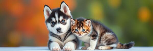 Cute husky puppy and kitten snuggling together in a sunny outdoor setting photo