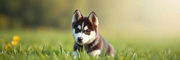 Cute husky puppy lounging in a sunny grassy field during a warm afternoon photo
