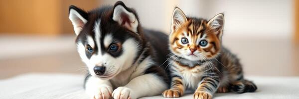 Puppies and kittens playing together in a cozy indoor setting during daytime photo