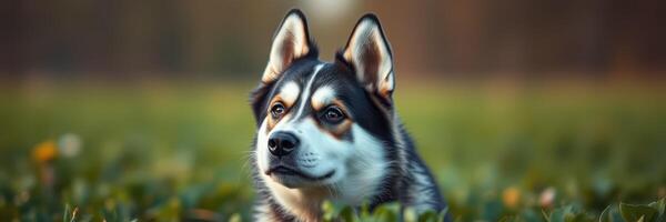 Husky dog resting in a green meadow during warm sunset light in the countryside photo