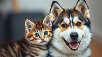 Cute kitten and cheerful puppy sharing a joyful moment at home during a sunny afternoon photo