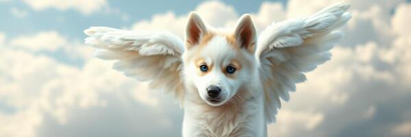 Angelic dog with wings in a serene sky surrounded by fluffy clouds during daylight photo