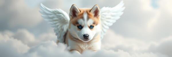 Cute puppy with angel wings floating among fluffy clouds during a serene day photo
