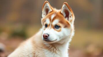 Cute husky puppy sitting outdoors in a natural setting during the golden hour photo