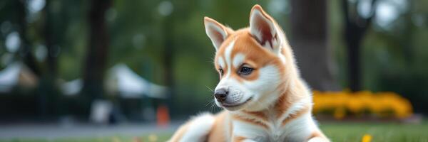 Cute puppy relaxing in a park surrounded by greenery during a sunny afternoon photo