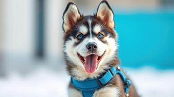 Happy husky puppy enjoys playful moments in a snowy environment during daytime photo