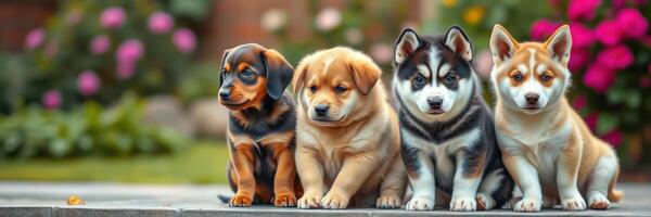 Adorable puppies sit in a row surrounded by colorful flowers and greenery during a sunny afternoon photo