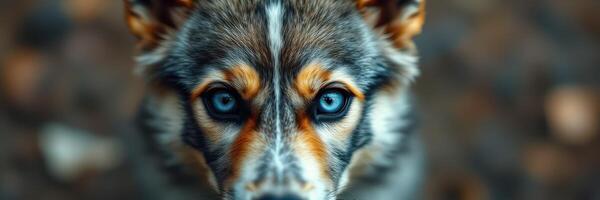 Captivating blue-eyed dog looking directly at the camera in a natural outdoor setting during daylight hours photo