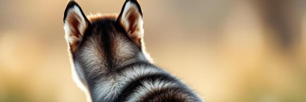 Siberian husky gazing at a sunset in a serene outdoor setting, showcasing its beautiful fur patterns and natural curiosity photo