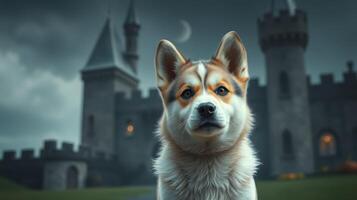 Charming dog stands proudly in front of an enchanting castle during twilight hours photo