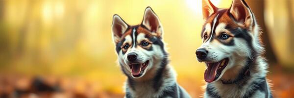 Happy huskies enjoying a sunny day in a forest during autumn photo