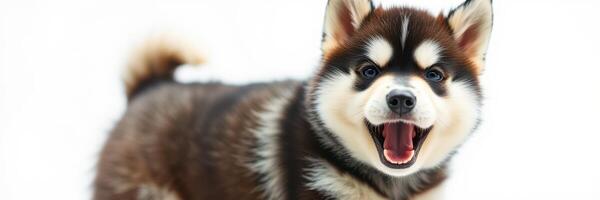 Happy alaskan malamute puppy playing indoors on a white background, showcasing its playful and energetic personality photo