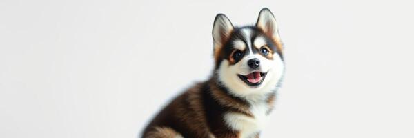 Cute fluffy dog with joyful expression sitting against plain background photo