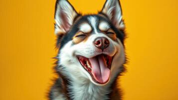 Happy dog with a joyful expression against a bright yellow background during a playful moment in the studio photo