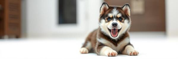 Happy puppy playing in a bright, modern living room with cheerful energy and cute expressions photo