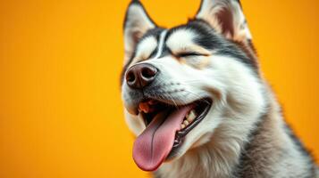 Siberian husky with joyful expression against a bright orange background photo