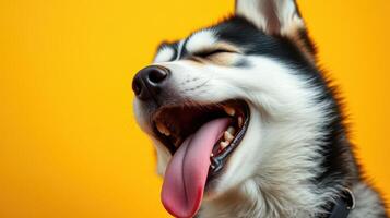 Cheerful husky enjoying a sunny day with playful demeanor against a vibrant yellow backdrop photo