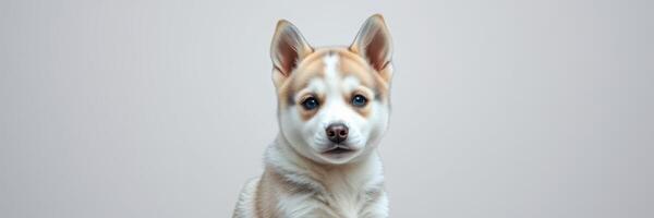 Cute puppy with fluffy fur sits calmly against a plain background in a cozy indoor setting during daytime photo