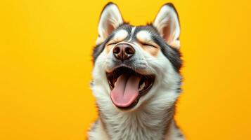 Happy dog smiling against a bright yellow backdrop, showcasing joy and playfulness in a vibrant setting photo