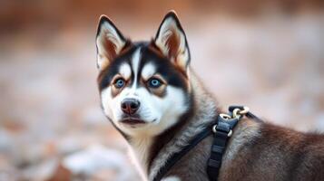 Husky dog with striking blue eyes enjoys a day outdoors in a natural setting during golden hour photo