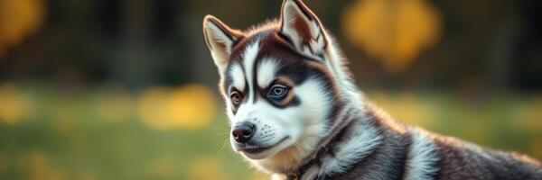Cute husky puppy sitting on grass during golden hour with a blurred background of flowers photo