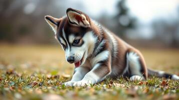 Cute husky puppy playing on the grass in a park during a sunny afternoon photo