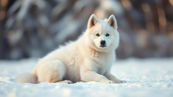 Fluffy samoyed dog relaxing on snow-covered ground during winter afternoon photo