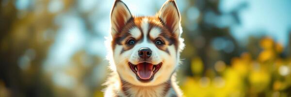 Happy puppy enjoying a sunny day in the park with vibrant nature all around photo