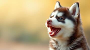 Happy husky puppy playing outdoors in bright sunlight with a joyful expression and fluffy coat photo