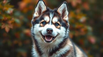 Happy dog with unique fur patterns and bright eyes posed outdoors among colorful foliage photo