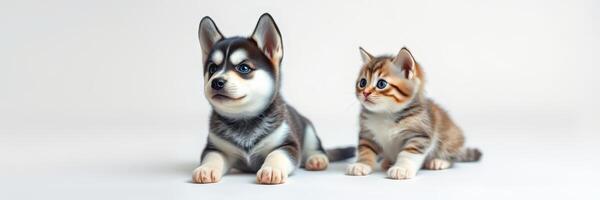 Playful puppy and curious kitten relaxing together on white surface in a cozy indoor environment photo