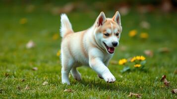 Happy puppy exploring a garden in springtime sunshine while surrounded by blooming yellow flowers photo