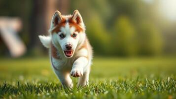 Energetic husky puppy runs across green grass in a sunny park during springtime photo