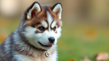 Cute puppy enjoys a sunny day outdoors surrounded by colorful leaves near a park photo