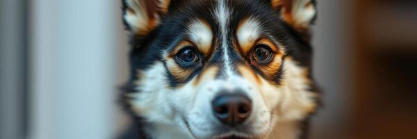 Black and white dog with expressive eyes looking curiously at the camera indoors during daylight photo