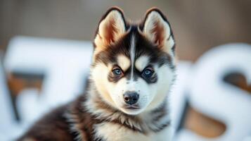 Siberian husky puppy posing elegantly against a blurred background during golden hour lighting photo