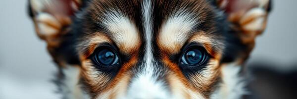 Cuteness overload with a close-up of a corgi puppy's expressive eyes and adorable face indoors photo
