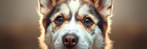 Beautiful close-up of a playful husky dog with striking blue eyes and a captivating expression in soft natural light photo