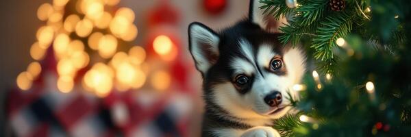 Cute puppy exploring a decorated Christmas tree with warm lights and festive atmosphere photo
