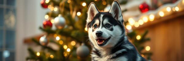 Happy husky dog sitting near a decorated Christmas tree with lights and ornaments in a cozy home setting photo